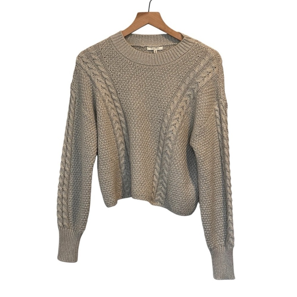 Z Supply Eternal Metallic Light Gray Cable Knit Sweater, Crew Neck, Holiday, XS - Picture 2 of 16